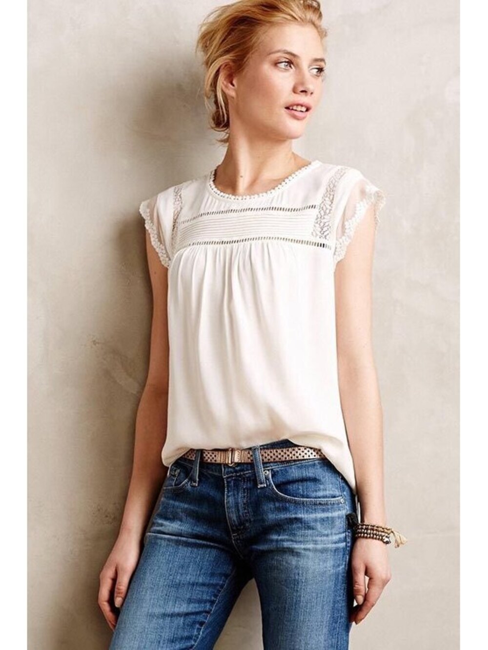 Daniel Rainn Lace Detail Blouse White Size M Boho Embroidered Rayon Top